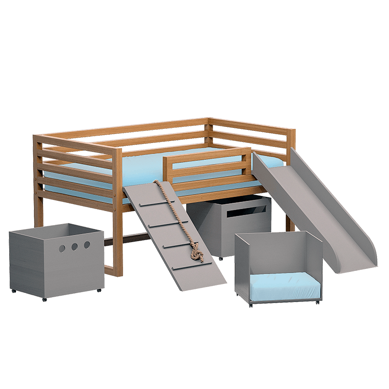 Кровать с горкой канатной лестницей и ящиками для игрушек - doodywoody