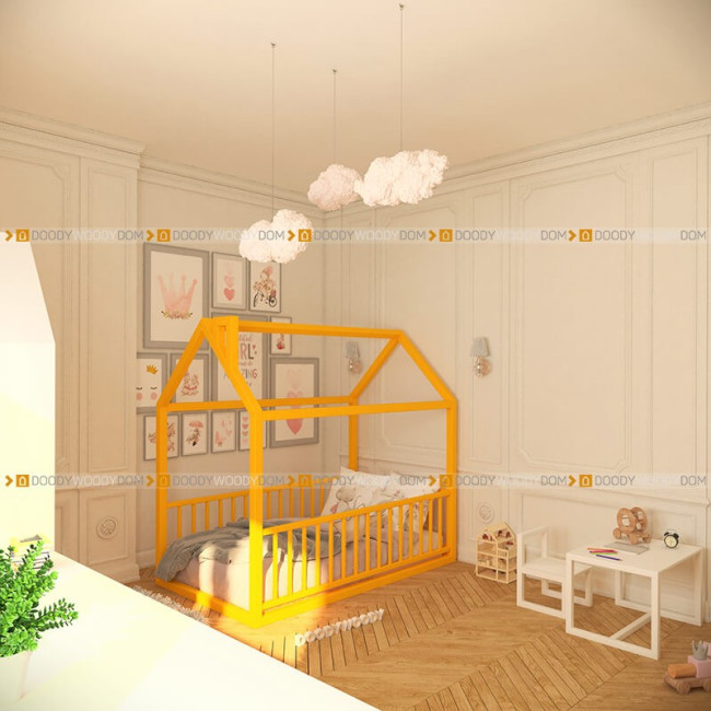 Кровать домик синий с манежными стенками монтессори doodywoody