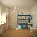 Кровать домик синий с манежными стенками монтессори doodywoody