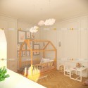 Кровать домик синий с манежными стенками монтессори doodywoody